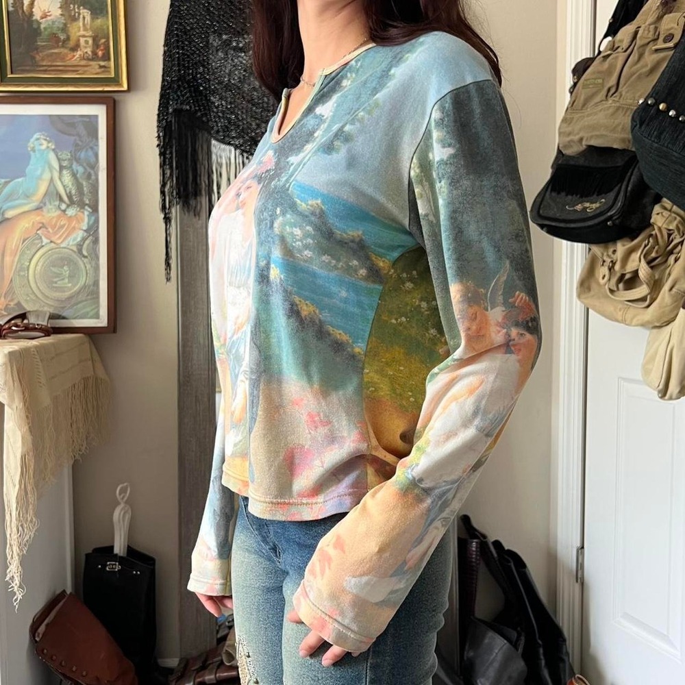 P&N Vintage 2000s Fairy All Over Print Long Sleeve Top Blue Fairycore Y2K M - Picture 3 of 7